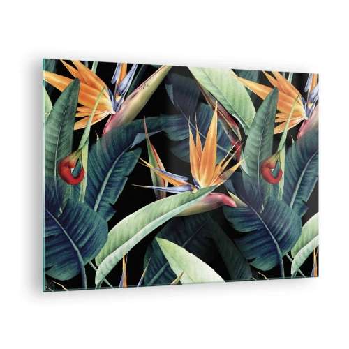 Quadro em vidro - Flores de Strelitzia e folhas tropicais em um fundo preto - 70x50cm - Flores ardentes dos trópicos - Decoração de parede moderna para a sala de estar e quarto ARTTOR