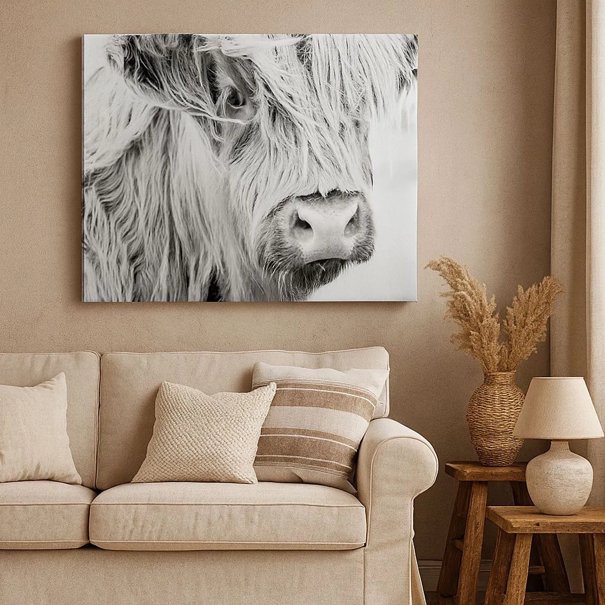Quadro em tela - Retrato de uma vaca escocesa em preto e branco - 70x50cm - Natureza selvagem escocesa - Decoração de parede moderna para a sala de estar e quarto ARTTOR