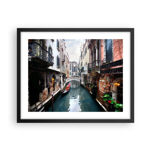 Pôster com moldura preta - Paisagem veneziana com gôndola e ponte - 50x40 cm