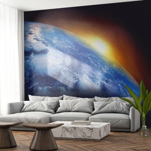 Papel de Parede Premium Sand - Nascer do sol sobre o planeta azul - Abstração, 3D, Cosmos - 250x175 cm