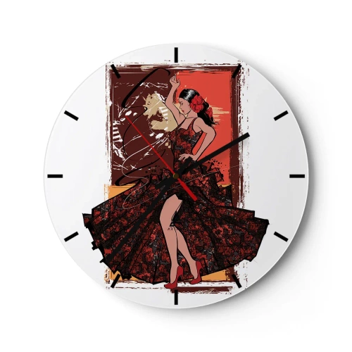 Relógio de parede - Relógio em vidro - Uma dançarina de vestido vermelho com formação artística - 30x30cm - No ritmo do coração - Decoração de parede moderna para a sala de estar, cozinha e quarto ARTTOR
