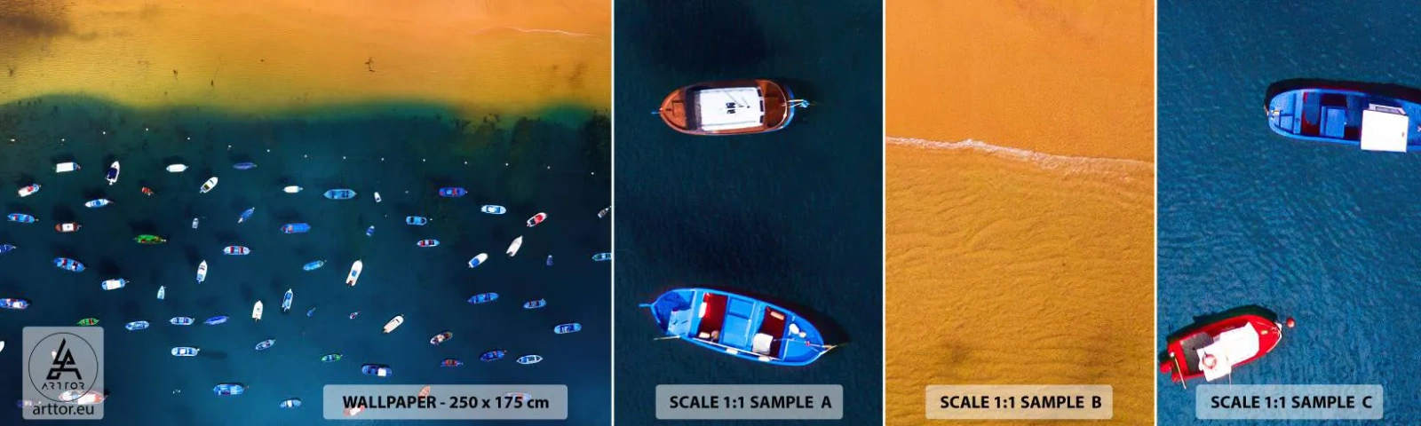 Amostra de Papel de Parede Standard Eco - Jogo de férias - Barcos, Praia, Costa - 100x30 cm