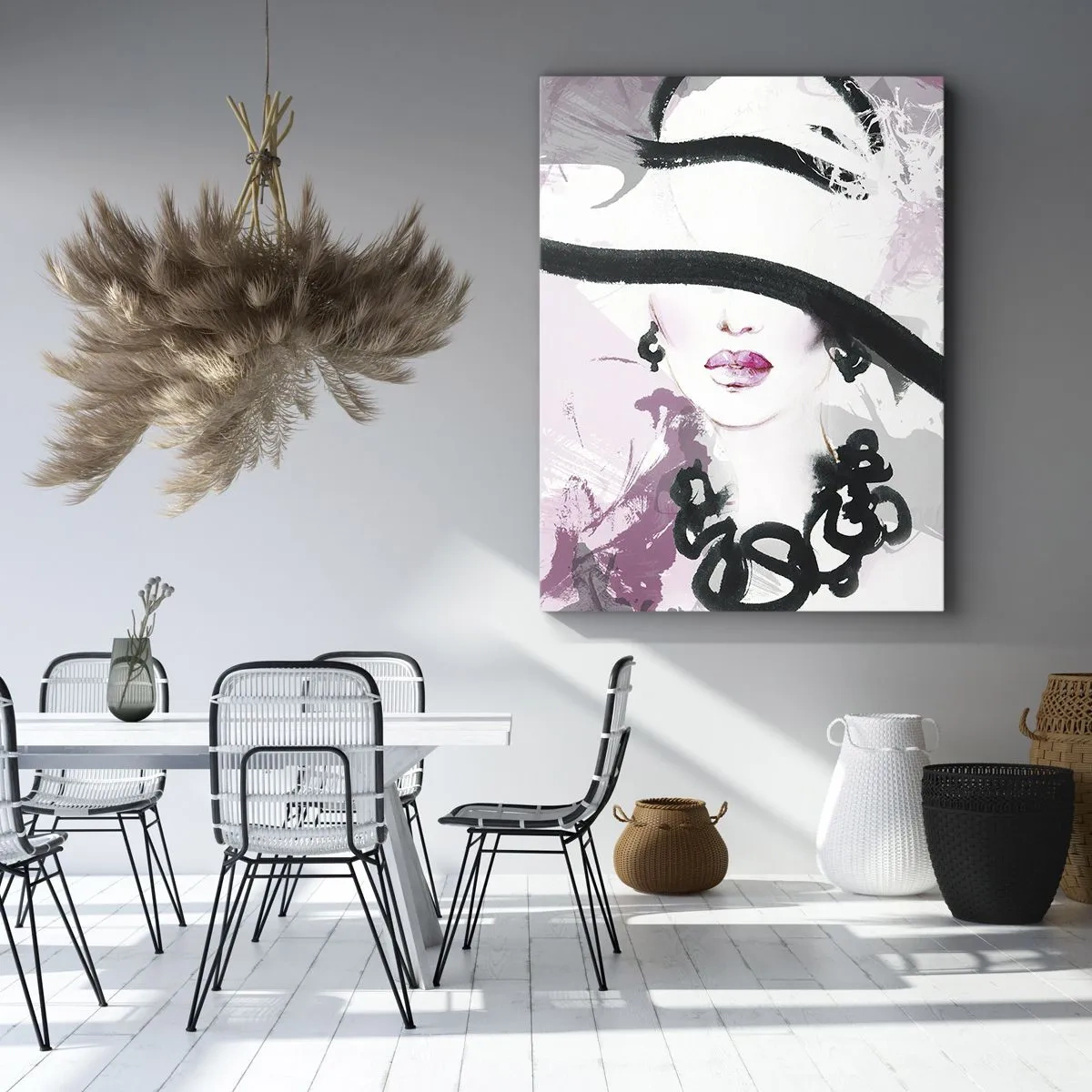 Quadro em tela - Retrato de uma dama a preto e rosa - 50x70 cm