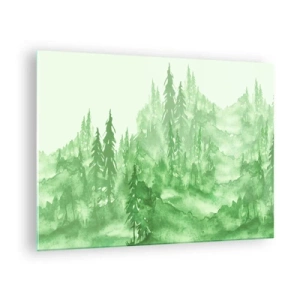 Quadro em vidro - Floresta verde em estilo aquarela - 70x50cm - Desfocado pela névoa verde  - Decoração de parede moderna para a sala de estar e quarto ARTTOR
