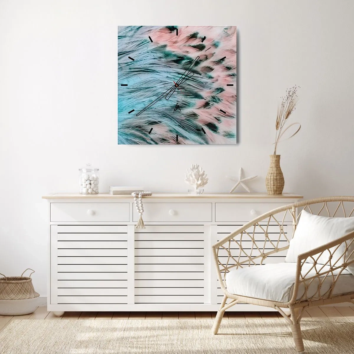 Relógio de parede - Relógio em vidro - Penugem safira-rosa - 30x30 cm