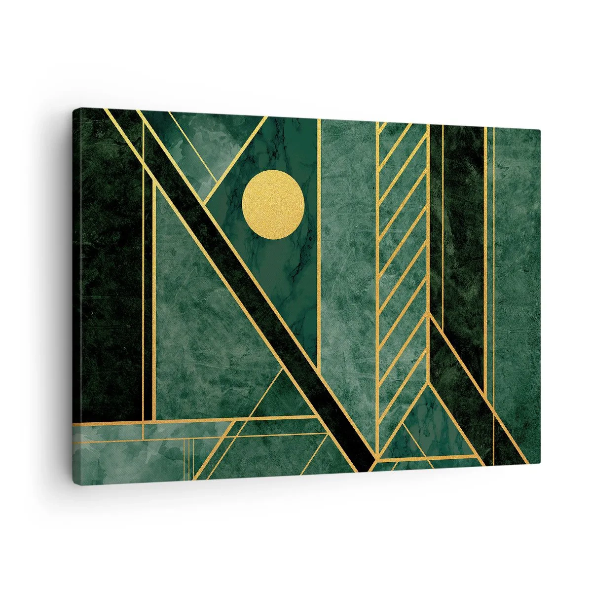 Quadro em tela - Design geométrico verde e dourado com um padrão elegante - 70x50cm - A dinâmica do ouro e do azul - Decoração de parede moderna para a sala de estar e quarto ARTTOR