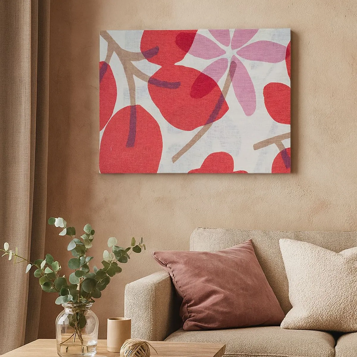Quadro em tela - Flores e folhas em tons de vermelho e rosa - 70x50cm - Arranjo de flores em rosa - Decoração de parede moderna para a sala de estar e quarto ARTTOR