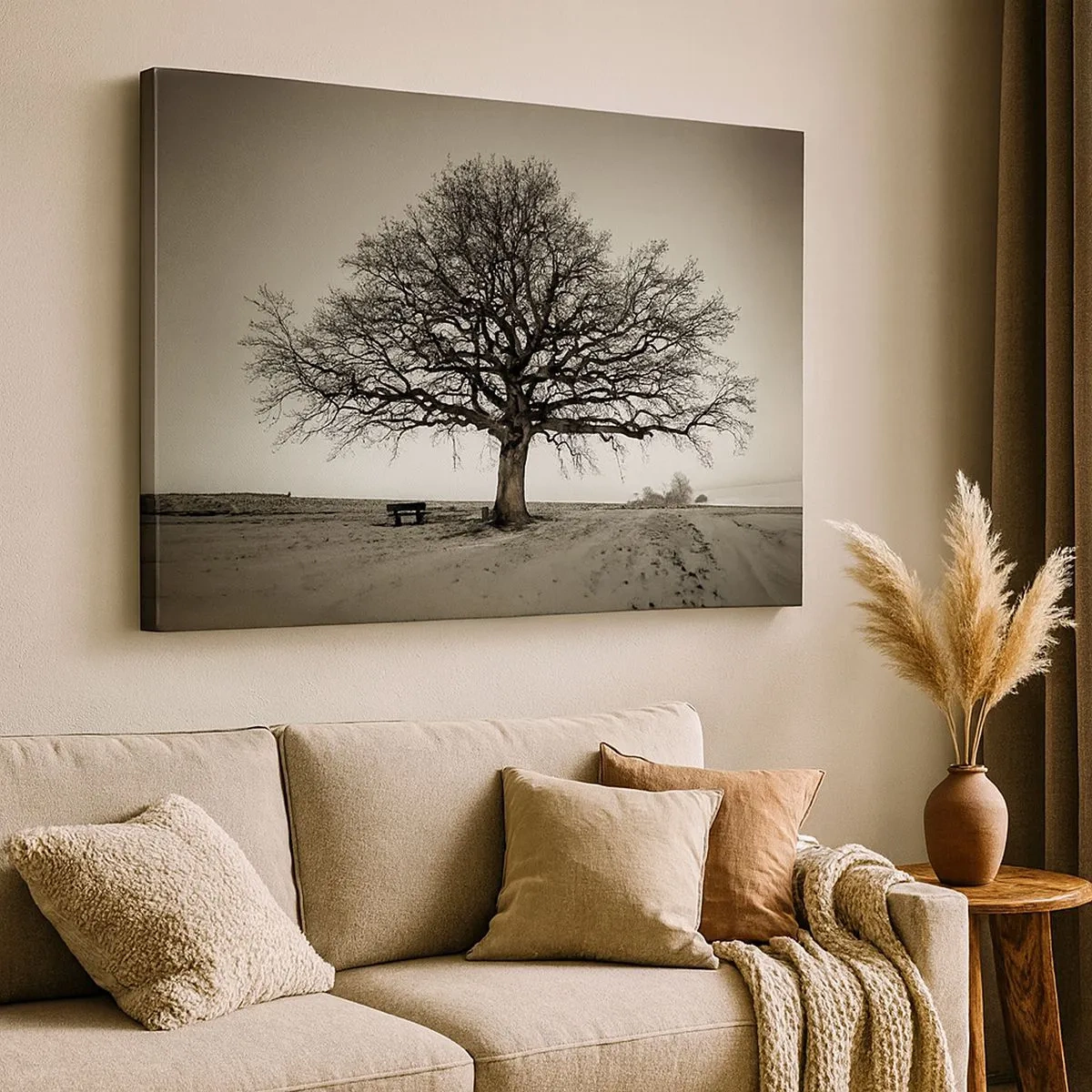Quadro em tela - Uma árvore solitária em um campo sépia - 70x50cm - Daqui para a eternidade - Decoração de parede moderna para a sala de estar e quarto ARTTOR