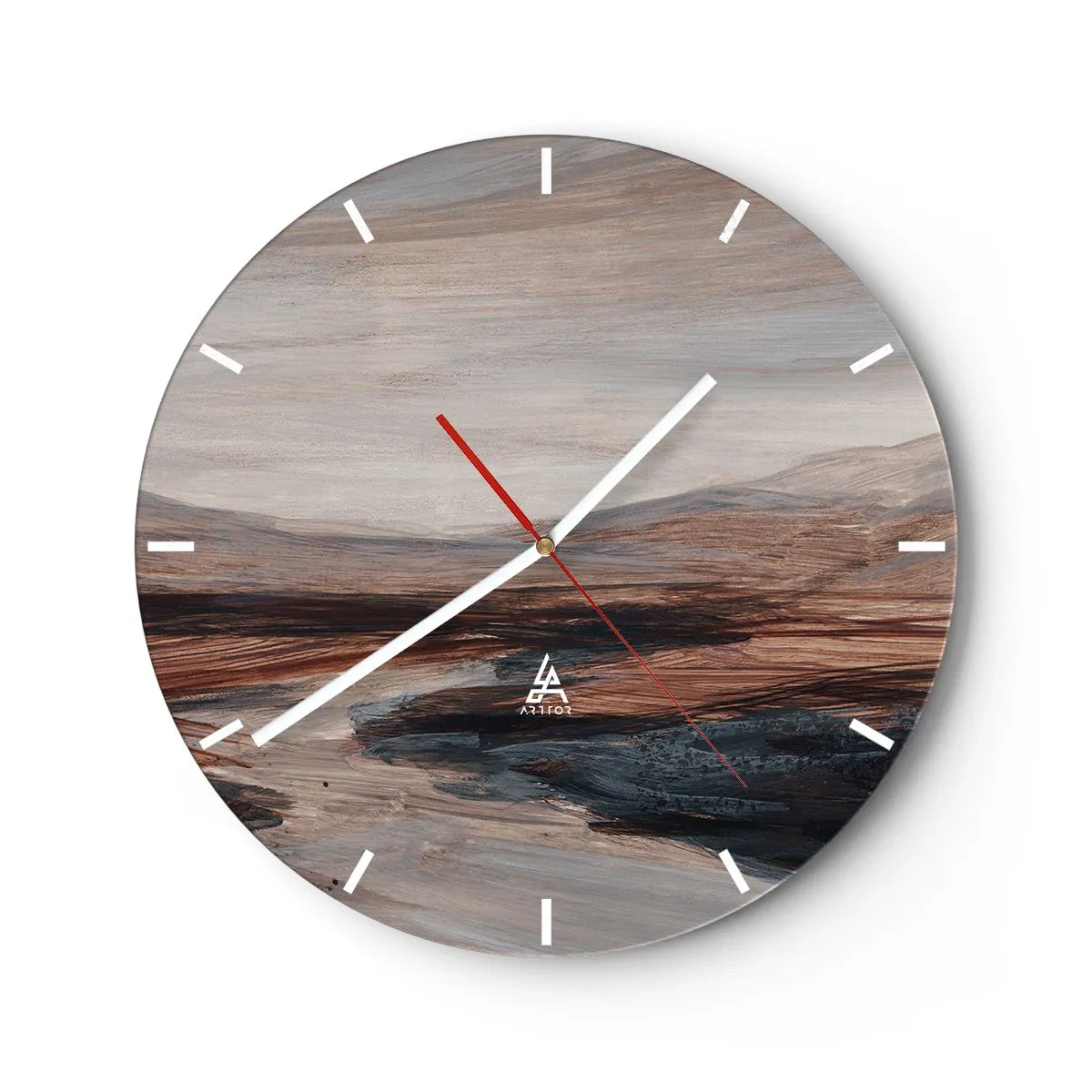 Relógio de parede - Relógio em vidro - Um vale marrom-acinzentado com montanhas ao fundo em estilo pictórico - 30x30cm - Um vale tranquilo - Decoração de parede moderna para a sala de estar, cozinha e quarto ARTTOR