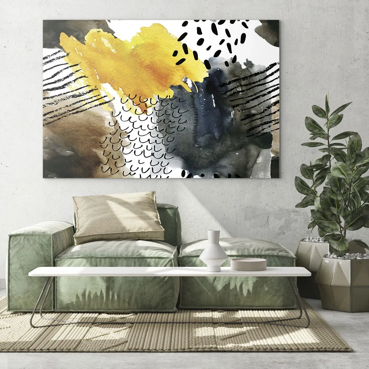 Quadro em vidro - Uma composição abstrata com manchas e linhas em cores terrosas. - 70x50cm - Reunião dos elementos da natureza - Decoração de parede moderna para a sala de estar e quarto ARTTOR