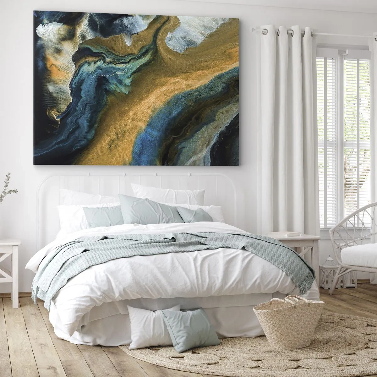Quadro em tela - Ondas abstratas em tons de dourado e azul - 70x50cm - Azul – amarelo – influências mútuas - Decoração de parede moderna para a sala de estar e quarto ARTTOR