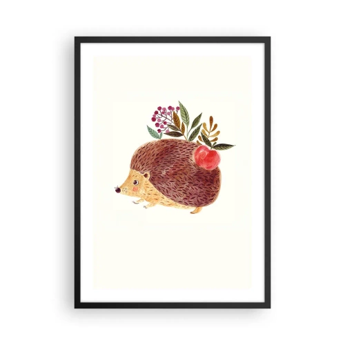Pôster com moldura preta - Um ouriço fofo com uma maçã e galhos em um fundo claro - 50x70cm - Já gostas de mim - Decoração de parede moderna para a sala de estar e quarto ARTTOR