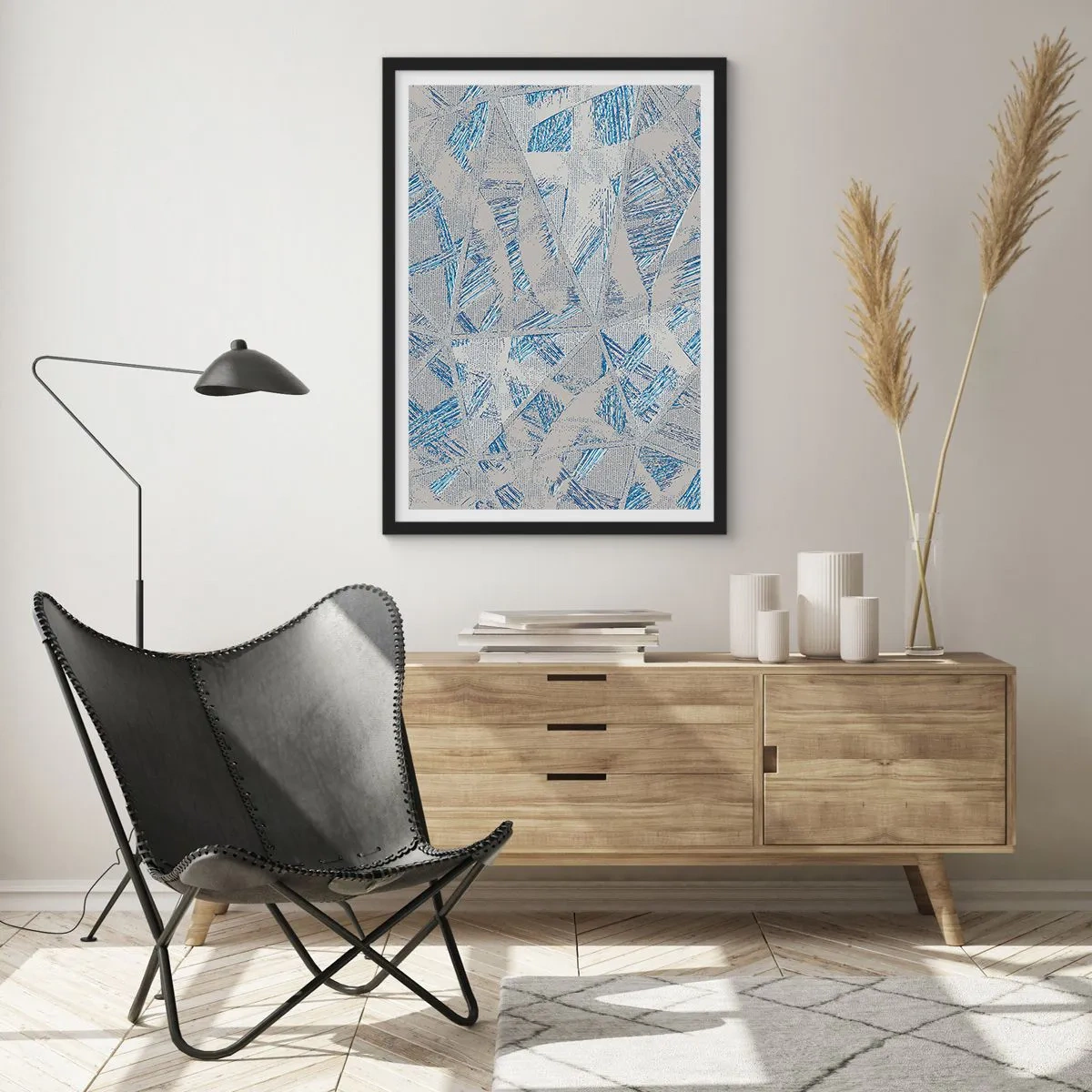 Pôster com moldura preta - Em um labirinto azul e cinza - 61x91 cm