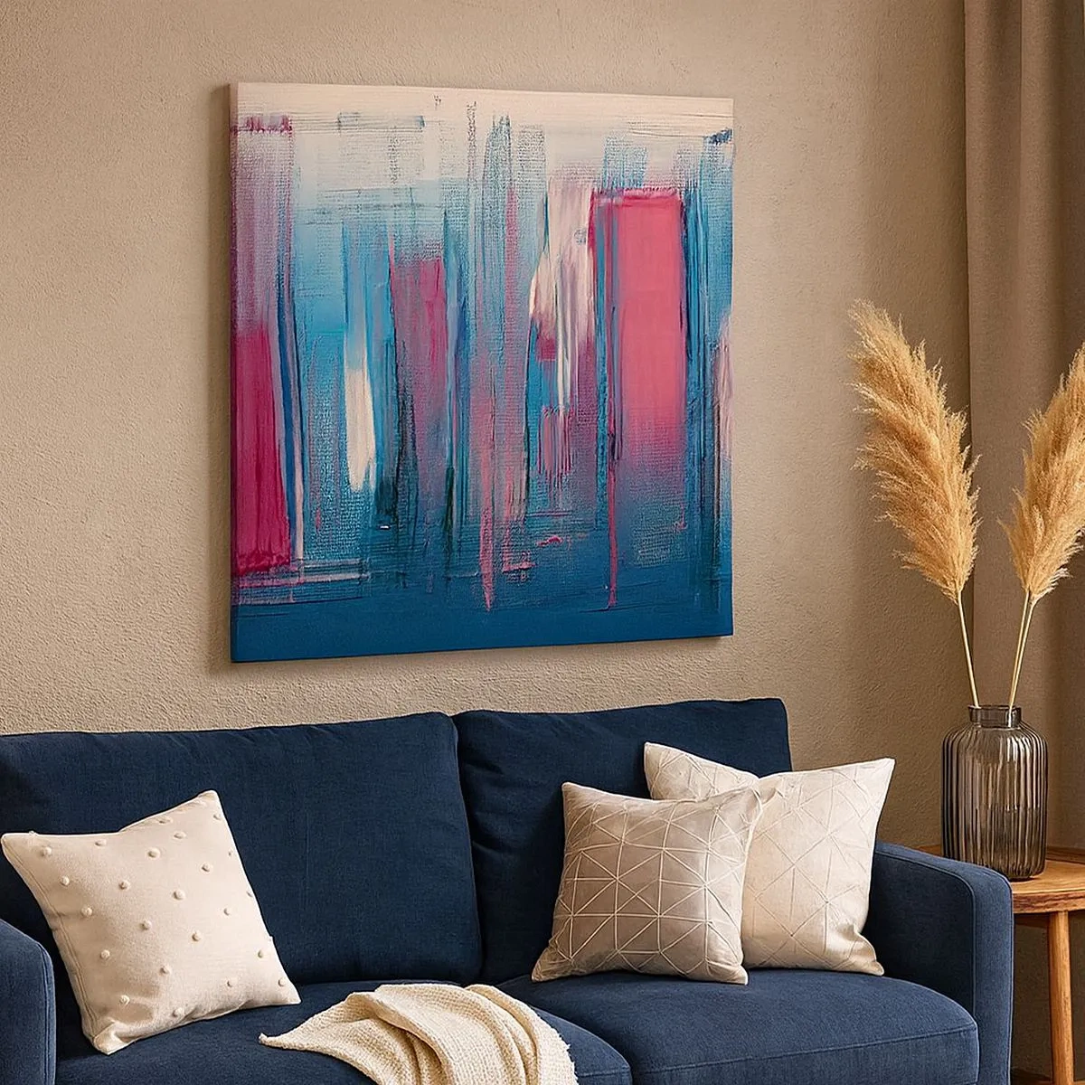 Quadro em tela - Composição vertical em azul e vermelho - 30x30 cm