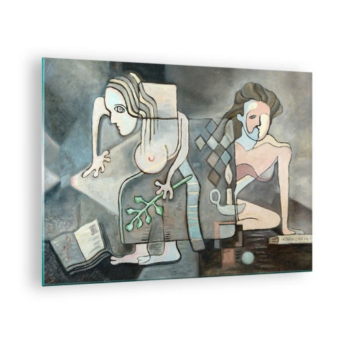 Quadro em vidro - Uma cena abstrata com duas figuras em estilo cubista. - 70x50cm - Mosaico de alma e matéria - Decoração de parede moderna para a sala de estar e quarto ARTTOR