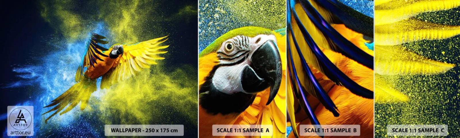 Amostra de papel de parede autocolante Deluxe Sticker - Em pó azul-dourado - Papagaio, Abstração, Pedaço - 100x30 cm