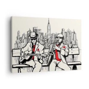 Quadro em tela - Uma dupla de jazz com saxofone e guitarra tendo como pano de fundo a cidade - 70x50cm - Improvisação nova-iorquina - Decoração de parede moderna para a sala de estar e quarto ARTTOR