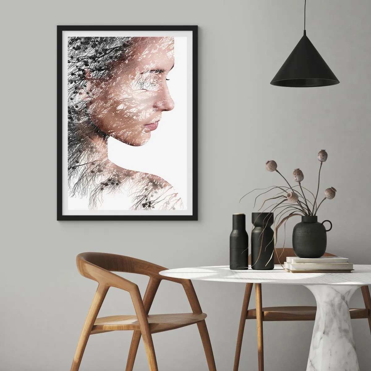 Pôster com moldura preta - Retrato de dupla exposição de uma mulher com um motivo da natureza - 50x70cm - Espírito da floresta - Decoração de parede moderna para a sala de estar e quarto ARTTOR