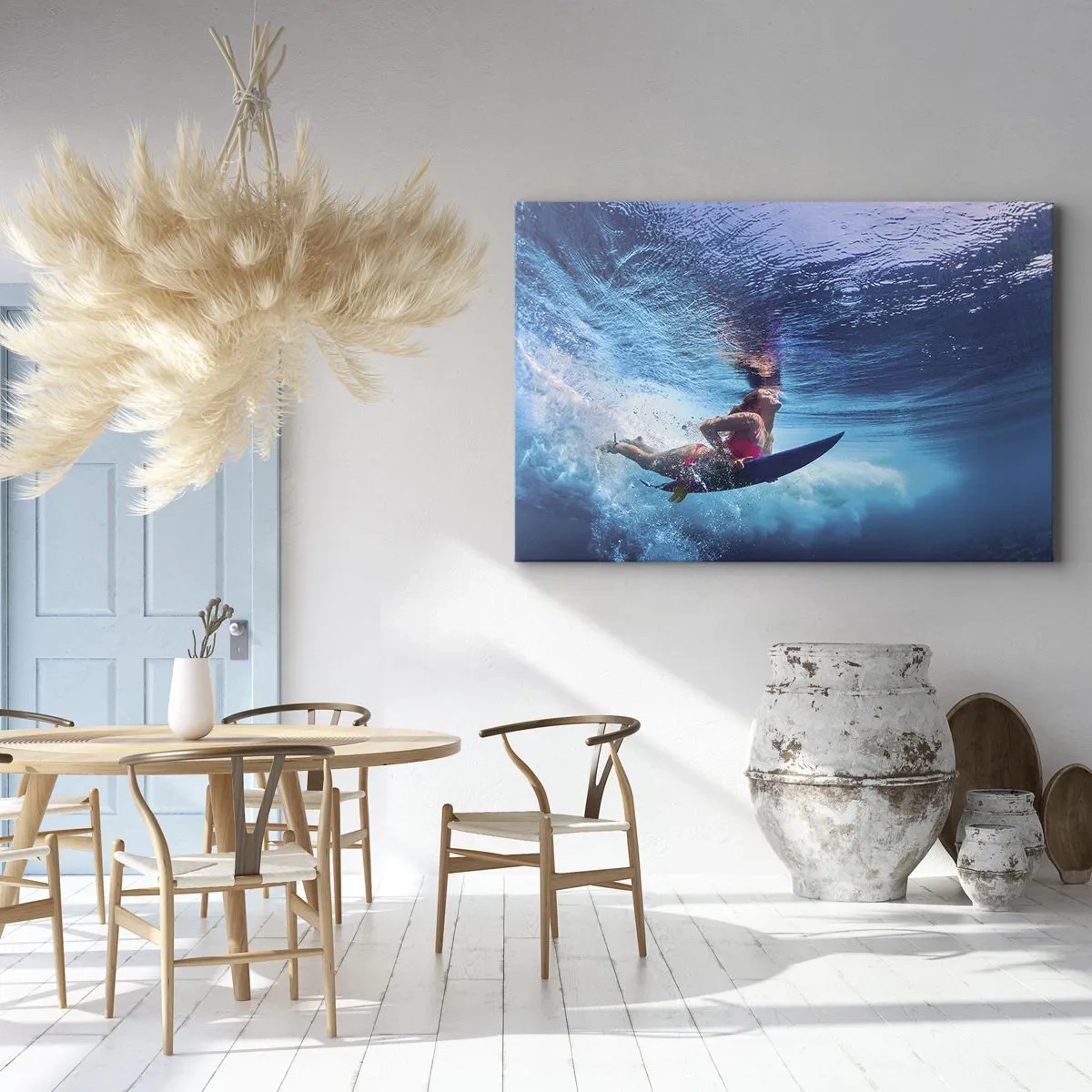 Quadro em tela - Um surfista debaixo d'água em uma composição dinâmica em tons de azul. - 70x50cm - Profundidade da alegria - Decoração de parede moderna para a sala de estar e quarto ARTTOR