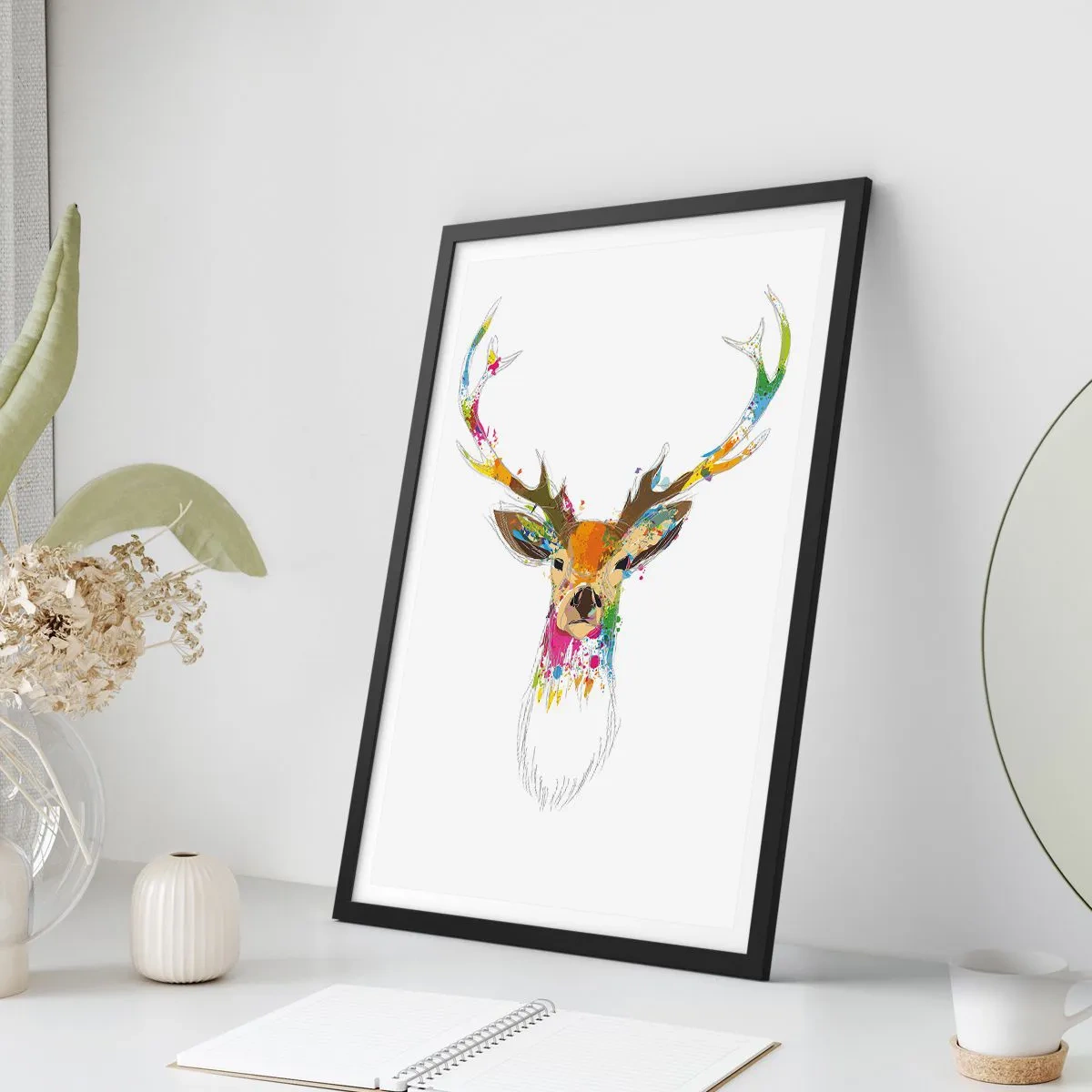 Pôster com moldura preta - Um cervo gentil banhado em cores - 61x91 cm