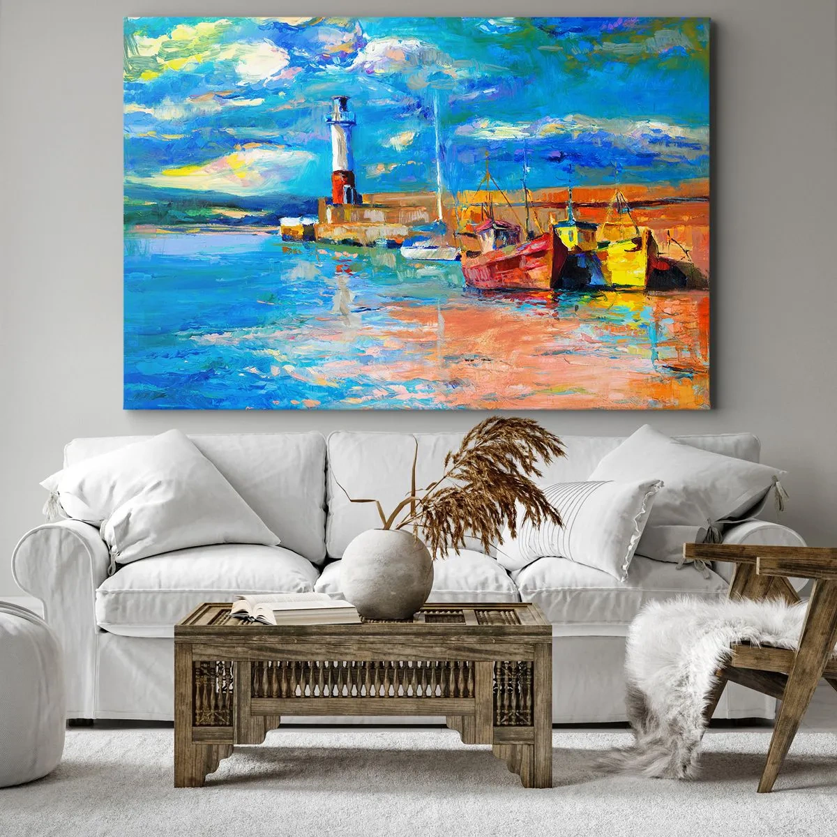Quadro em tela - Porto de pesca com barcos e um farol em cores brilhantes - 70x50cm - Tarde na baía do arco-íris - Decoração de parede moderna para a sala de estar e quarto ARTTOR