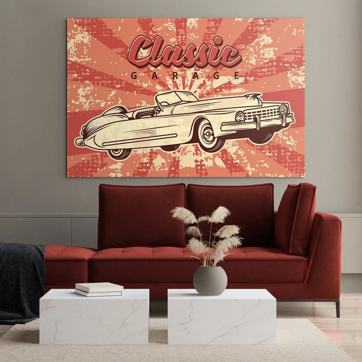 Quadro em vidro - Gráfico retrô de um carro clássico contra um fundo de raios - 70x50cm - E na rádio Elvis - Decoração de parede moderna para a sala de estar e quarto ARTTOR