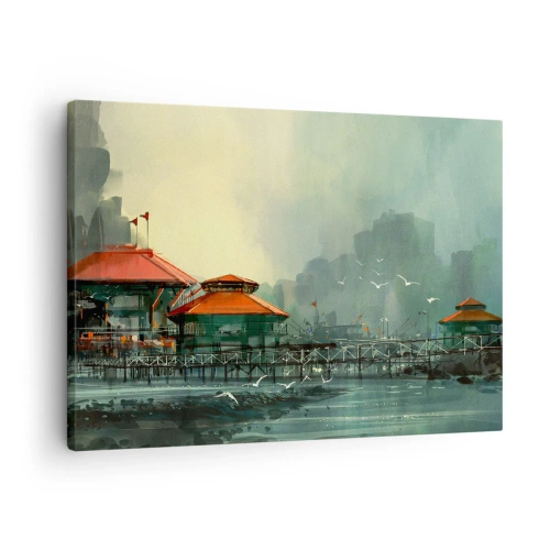 Quadro em tela - Edifícios portuários em um cenário chuvoso com gaivotas - 70x50cm - Um dia ensolarado no porto - Decoração de parede moderna para a sala de estar e quarto ARTTOR