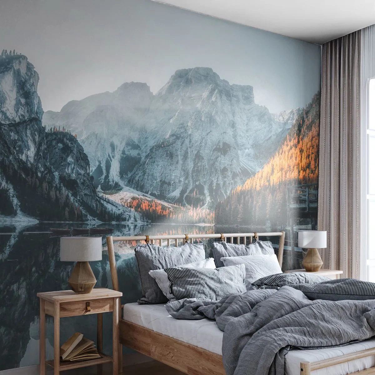 Papel de Parede Premium Sand - Paisagem espelhada - Paisagem, Montanhas, Lago - 350x256 cm