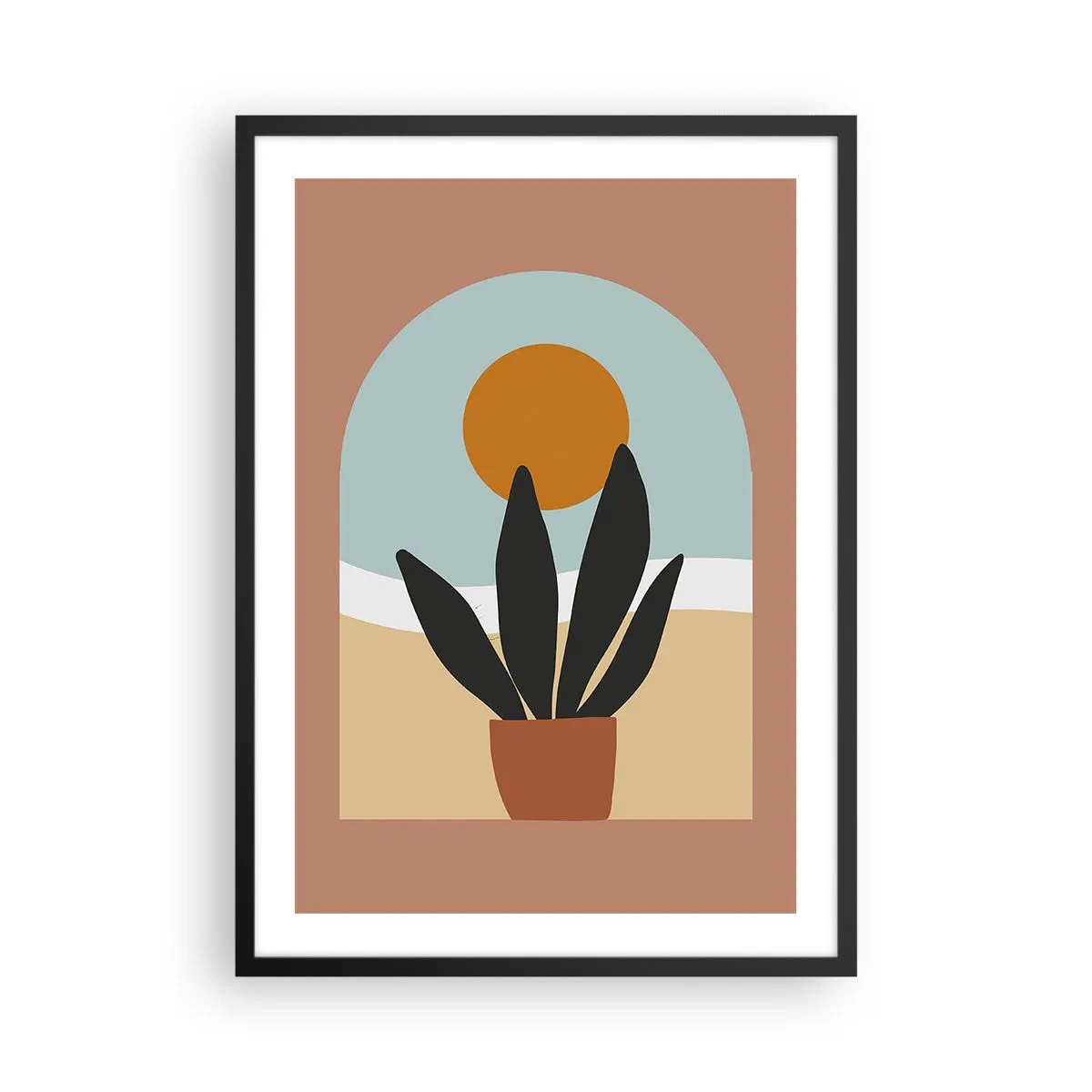 Pôster com moldura preta - Uma planta em vaso em frente a um arco com um pôr do sol ao fundo - 50x70cm - Pequenas alegrias - Decoração de parede moderna para a sala de estar e quarto ARTTOR
