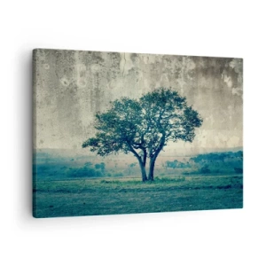 Quadro em tela - Uma árvore solitária em uma paisagem enevoada - 70x50cm - Uma macieira num prado azul? - Decoração de parede moderna para a sala de estar e quarto ARTTOR