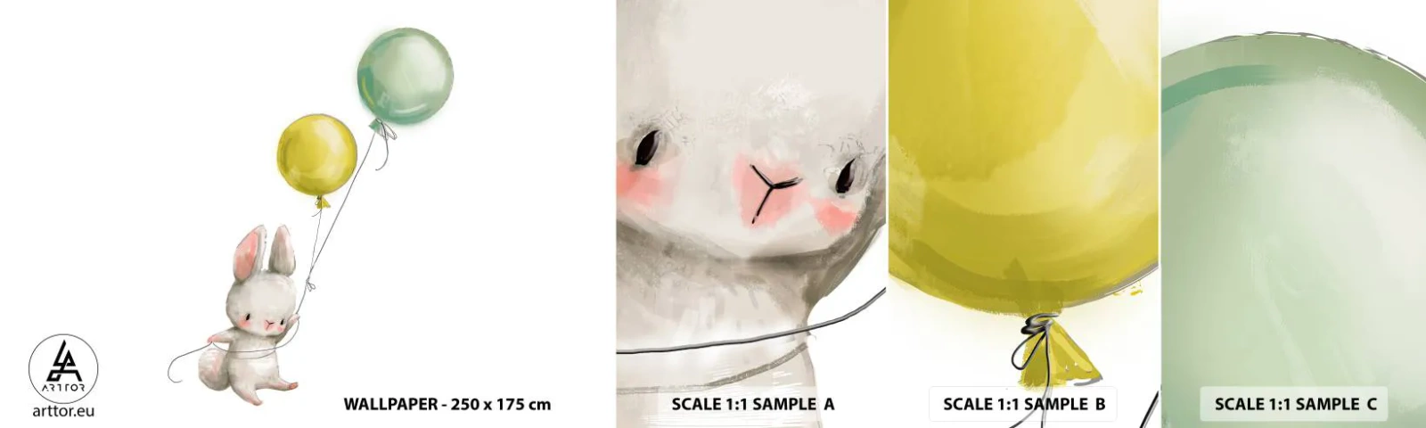 Amostra de Papel de Parede Standard Eco - Também quero voar! - Para crianças, Coelho, Balões Coloridos - 100x30 cm