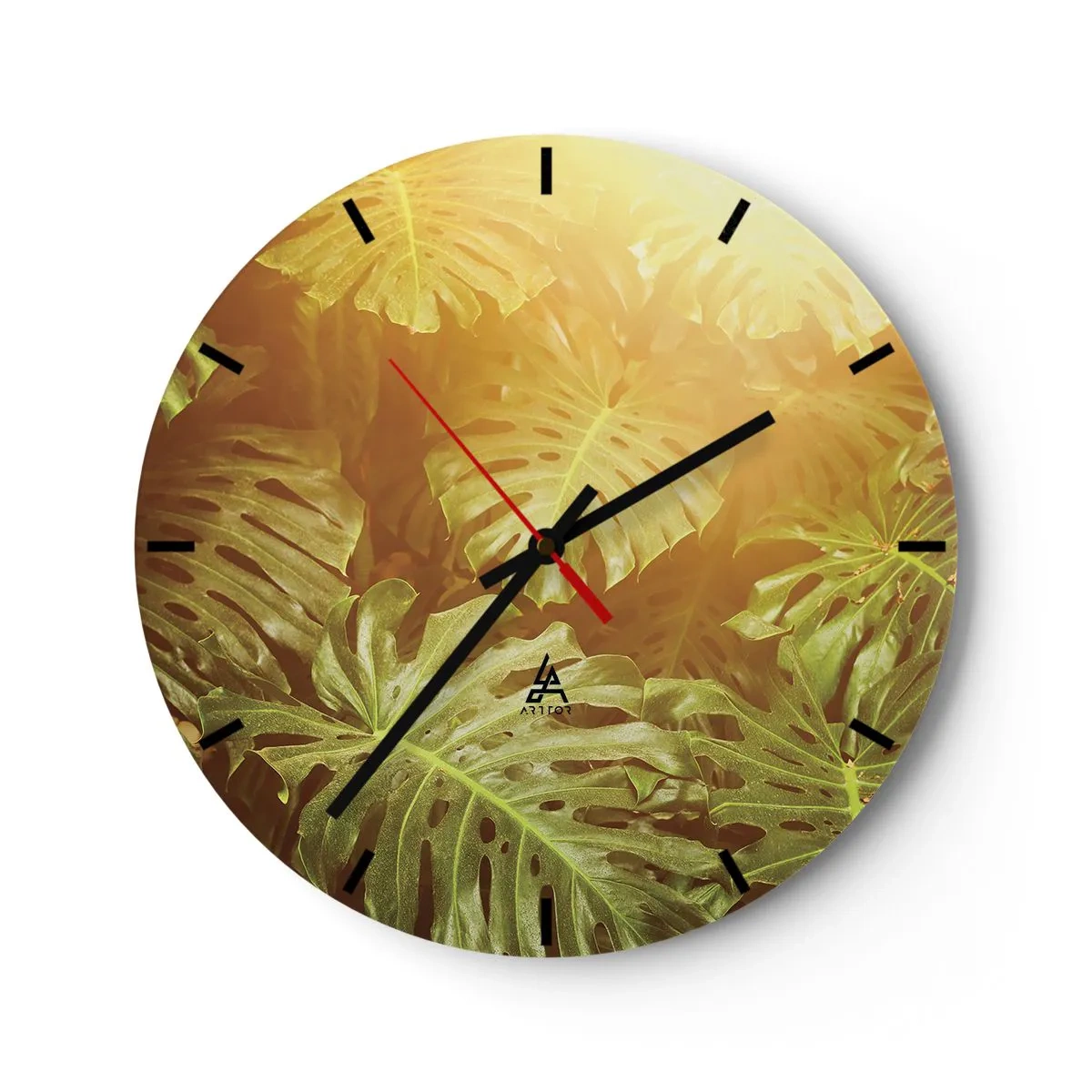 Relógio de parede - Relógio em vidro - Folhas de Monstera à luz do pôr do sol - 30x30cm - Um mergulho na vegetação - Decoração de parede moderna para a sala de estar, cozinha e quarto ARTTOR