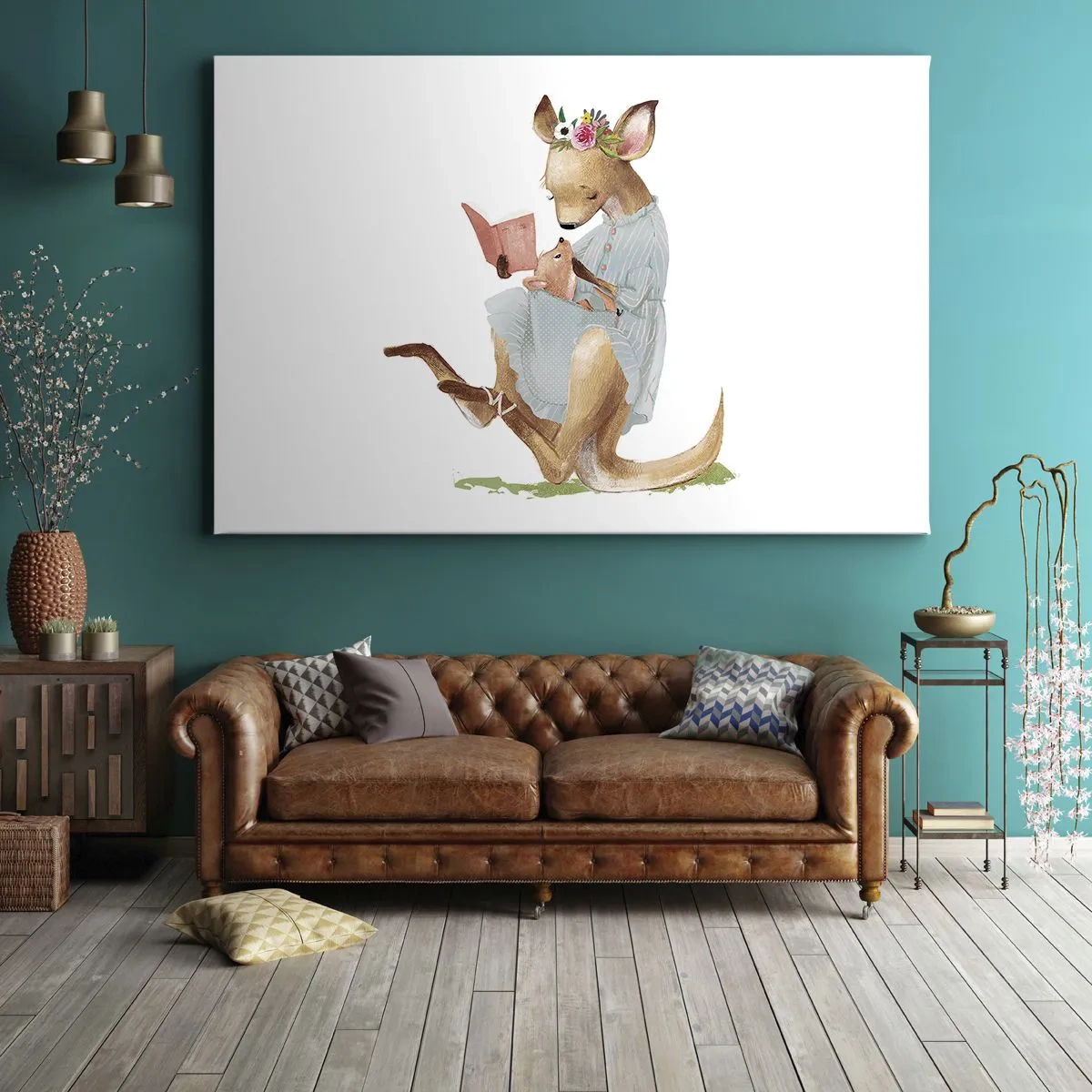 Quadro em tela - Kanga lendo um livro com um bebê - 70x50cm - Leia para mim, mamãe - Decoração de parede moderna para a sala de estar e quarto ARTTOR