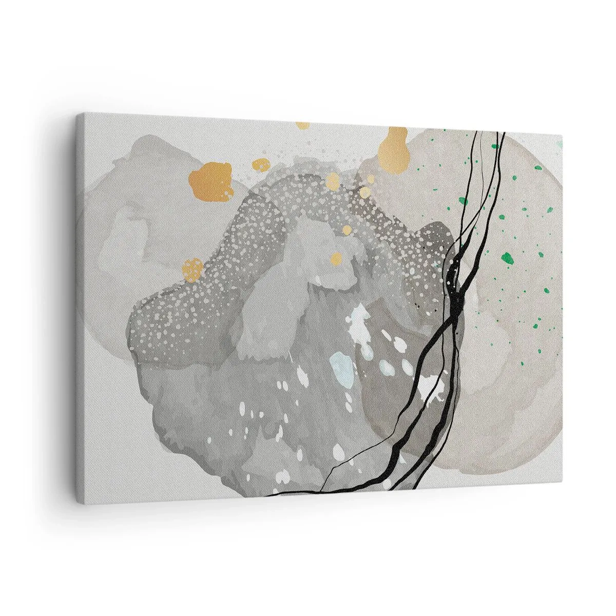 Quadro em tela - Formas orgânicas em tons de cinza com detalhes em preto e dourado - 70x50cm - Composição orgánica - Decoração de parede moderna para a sala de estar e quarto ARTTOR