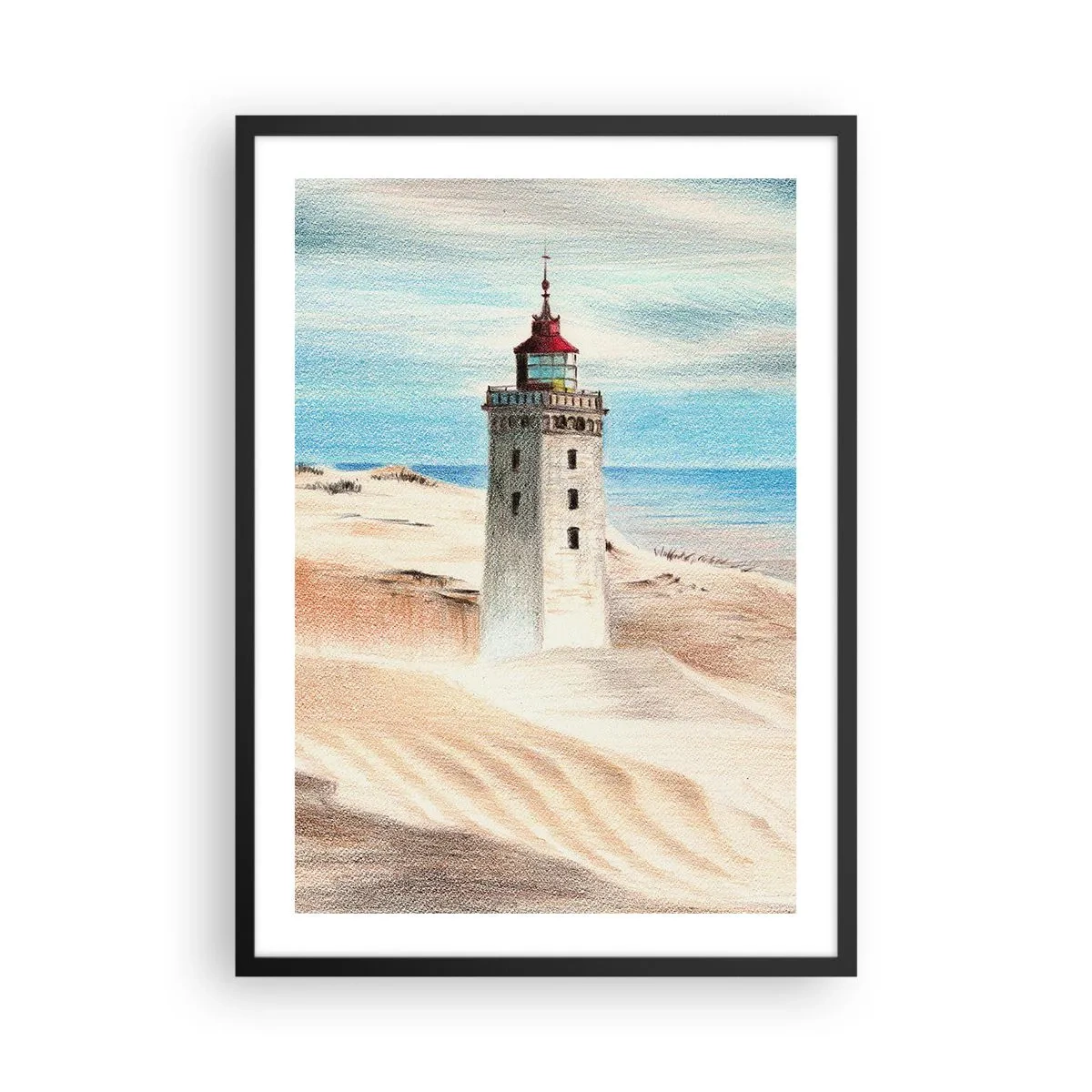 Pôster com moldura preta - Um farol com dunas de areia e um céu azul como pano de fundo - 50x70cm - Sempre a olhar para o mar - Decoração de parede moderna para a sala de estar e quarto ARTTOR