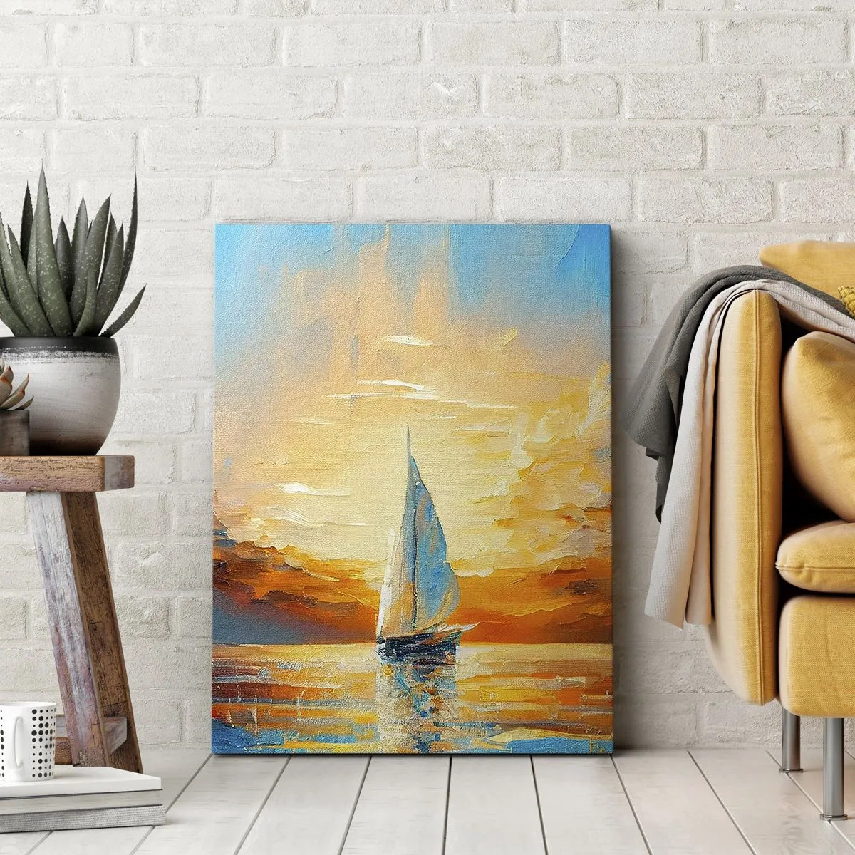Quadro em tela - Balsa em ouro - 55x100 cm