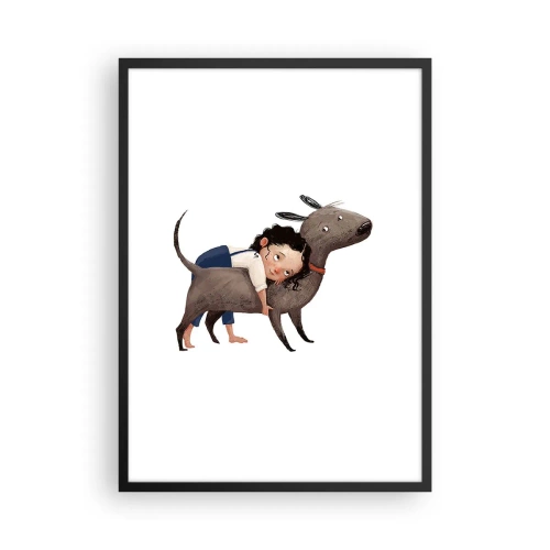 Pôster com moldura preta - Ilustração de uma criança abraçando um cachorro em um fundo branco - 50x70cm - Melhores amigos - Decoração de parede moderna para a sala de estar e quarto ARTTOR