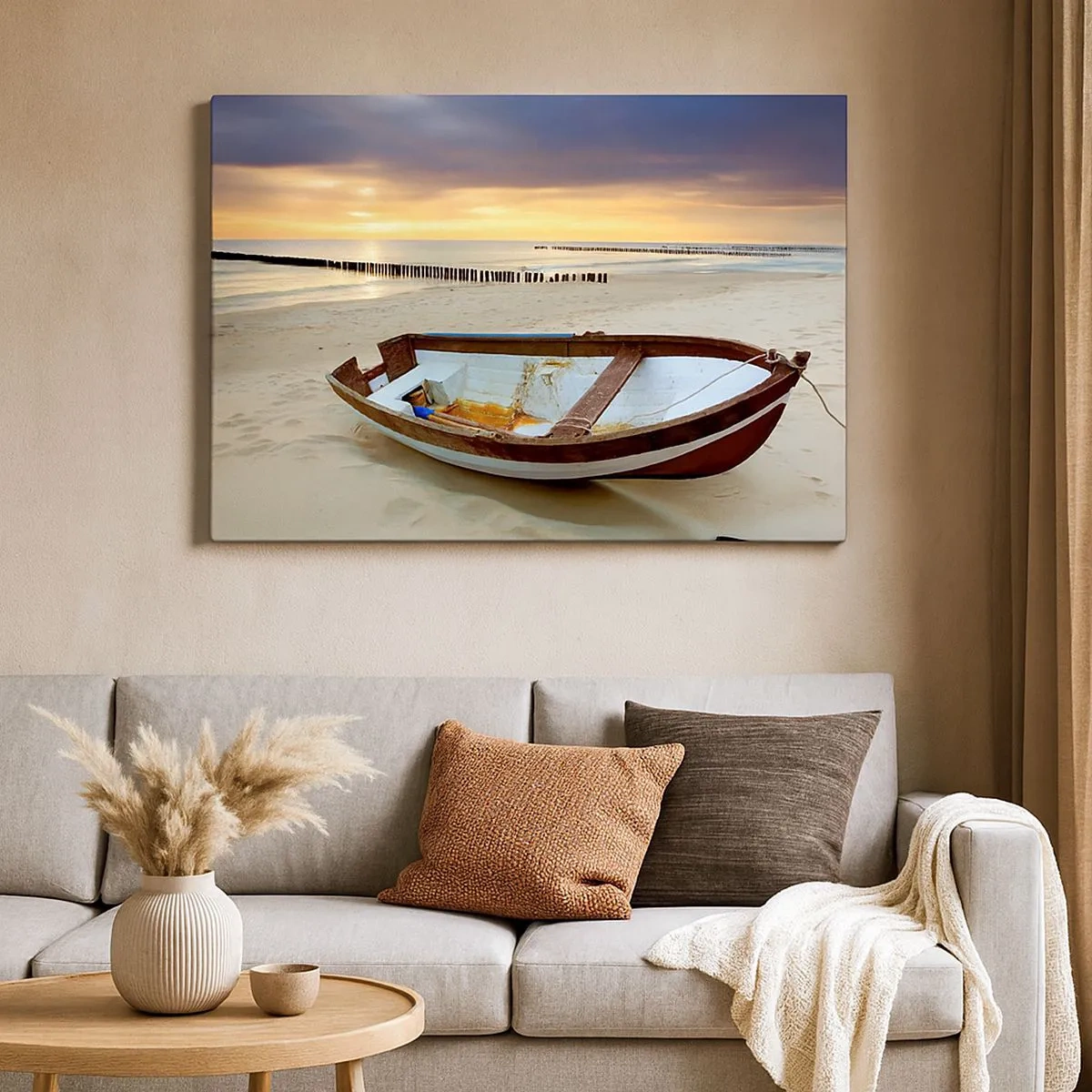 Quadro em tela - Um barco em uma praia de areia ao pôr do sol - 70x50cm - Não há mais praias bonitas do que essa - Decoração de parede moderna para a sala de estar e quarto ARTTOR