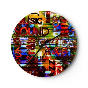Relógio de parede - Relógio em vidro - Tema musical colorido com legendas - 30x30cm - Todas as cores do som - Decoração de parede moderna para a sala de estar, cozinha e quarto ARTTOR