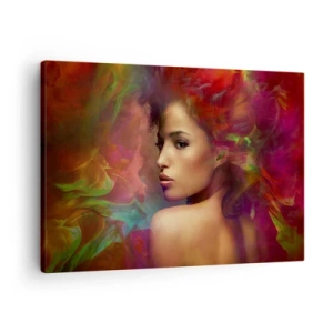 Quadro em tela - Uma mulher com reflexos coloridos criando um fundo abstrato - 70x50cm - Mais bonito do que um arco-íris, tão delicado como um nevoeiro - Decoração de parede moderna para a sala de estar e quarto ARTTOR