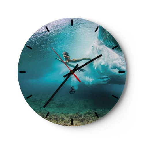 Relógio de parede - Relógio em vidro - Um surfista pegando uma onda em águas cristalinas - 30x30cm - O mundo subaquático - Decoração de parede moderna para a sala de estar, cozinha e quarto ARTTOR
