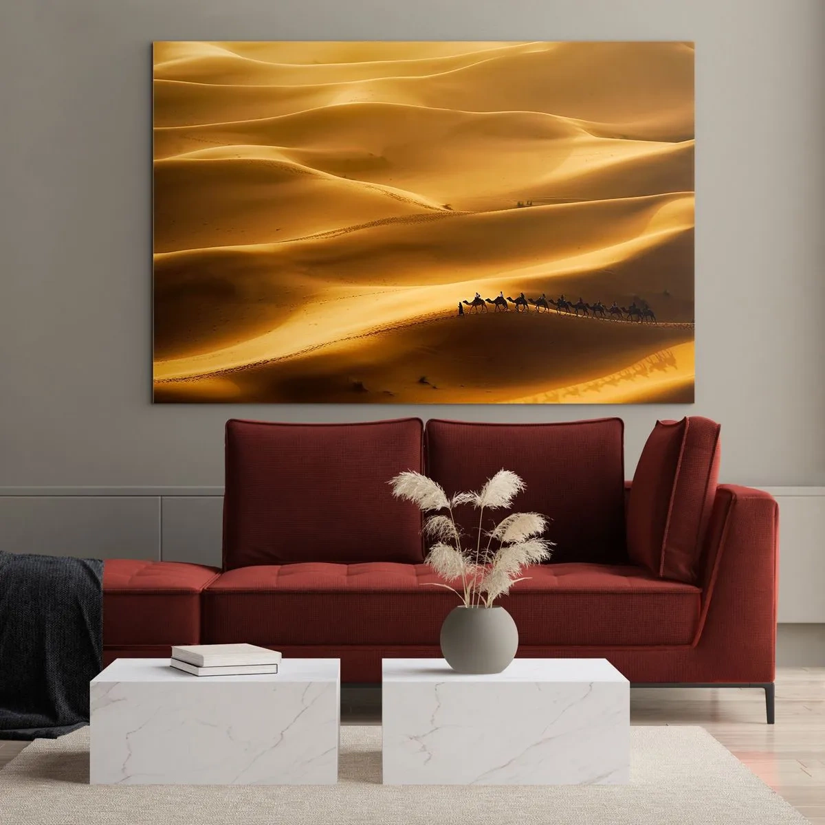 Quadro em vidro - Uma caravana no deserto sob o sol - 70x50cm - Caravana nas ondas do deserto - Decoração de parede moderna para a sala de estar e quarto ARTTOR
