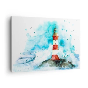 Quadro em tela - Um farol em um cenário de aquarela com fundo azul - 70x50cm - Unidade dos elementos da natureza - Decoração de parede moderna para a sala de estar e quarto ARTTOR