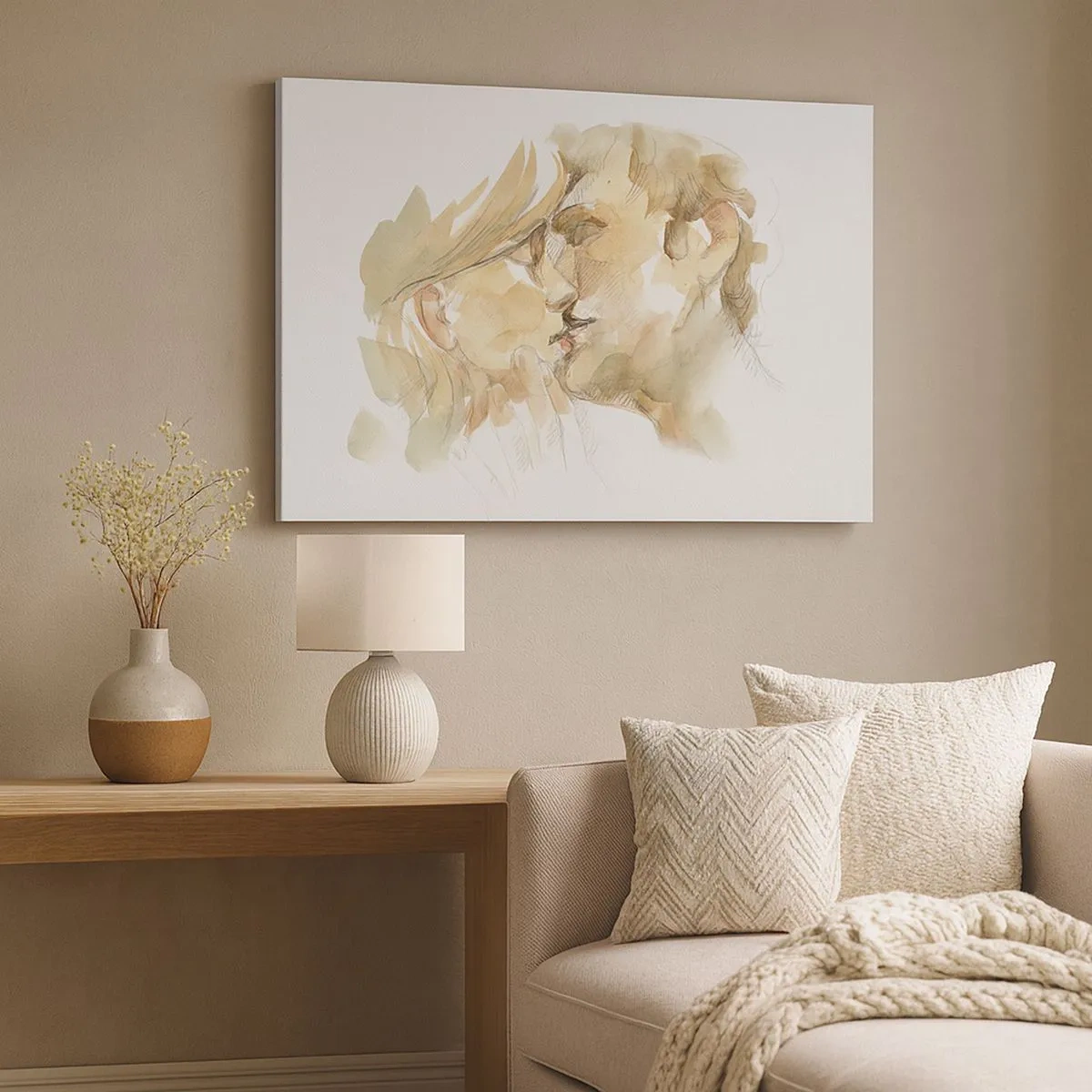 Quadro em tela - Retrato romântico em aquarela de um casal se beijando - 70x50cm - A outra metade foi encontrada? - Decoração de parede moderna para a sala de estar e quarto ARTTOR