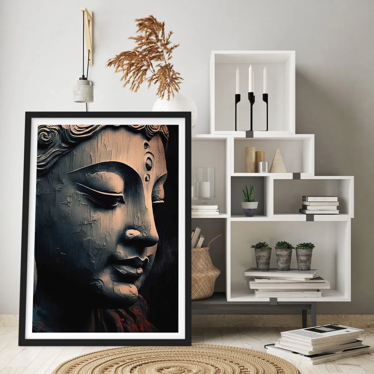 Pôster com moldura preta - Close-up de uma escultura de Buda em luz quente - 50x70cm - Em harmonia com o mundo - Decoração de parede moderna para a sala de estar e quarto ARTTOR