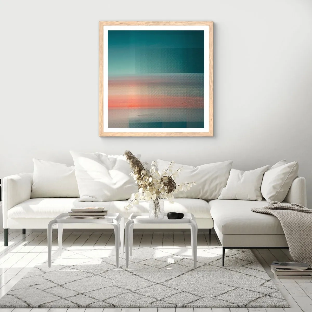 Pôster com moldura de carvalho claro - Resumo: ondas de luz - 50x50 cm