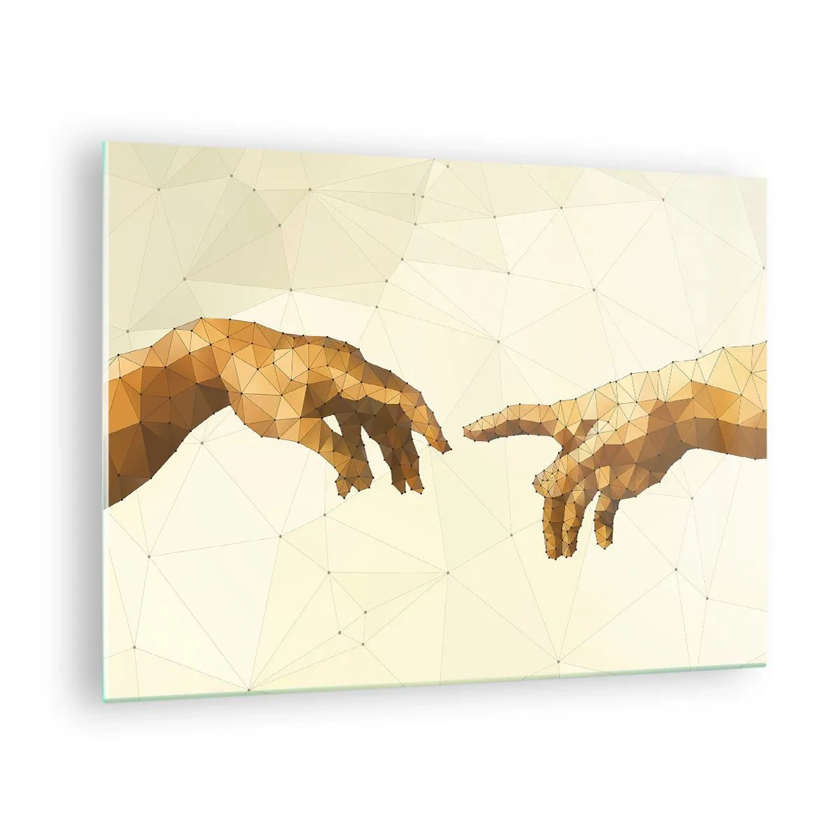 Quadro em vidro - Uma versão estilizada da pintura 'A Criação de Adão' na técnica poligonal - 70x50cm - Geometria divina - Decoração de parede moderna para a sala de estar e quarto ARTTOR