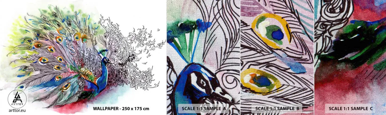Amostra de papel de parede Premium Canvas - Contra o cinza com orgulho - Pássaro, Pavão, Penas - 100x30 cm