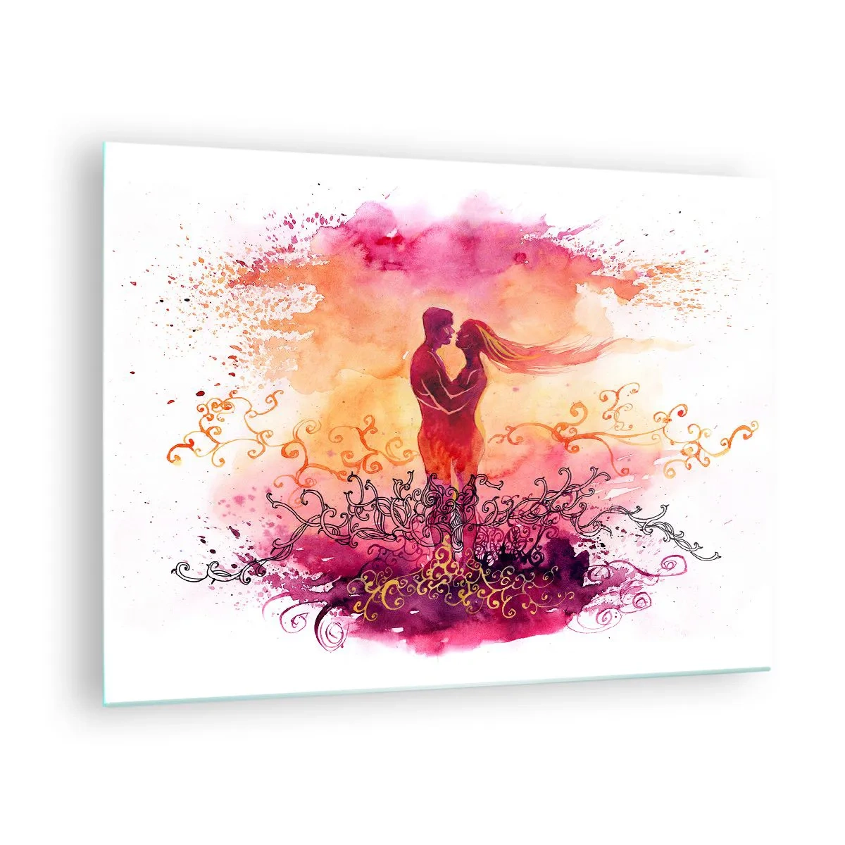 Quadro em vidro - Um casal romântico em cores abstratas e quentes - 70x50cm - Um coração! Eu não preciso de tão pouco... - Decoração de parede moderna para a sala de estar e quarto ARTTOR