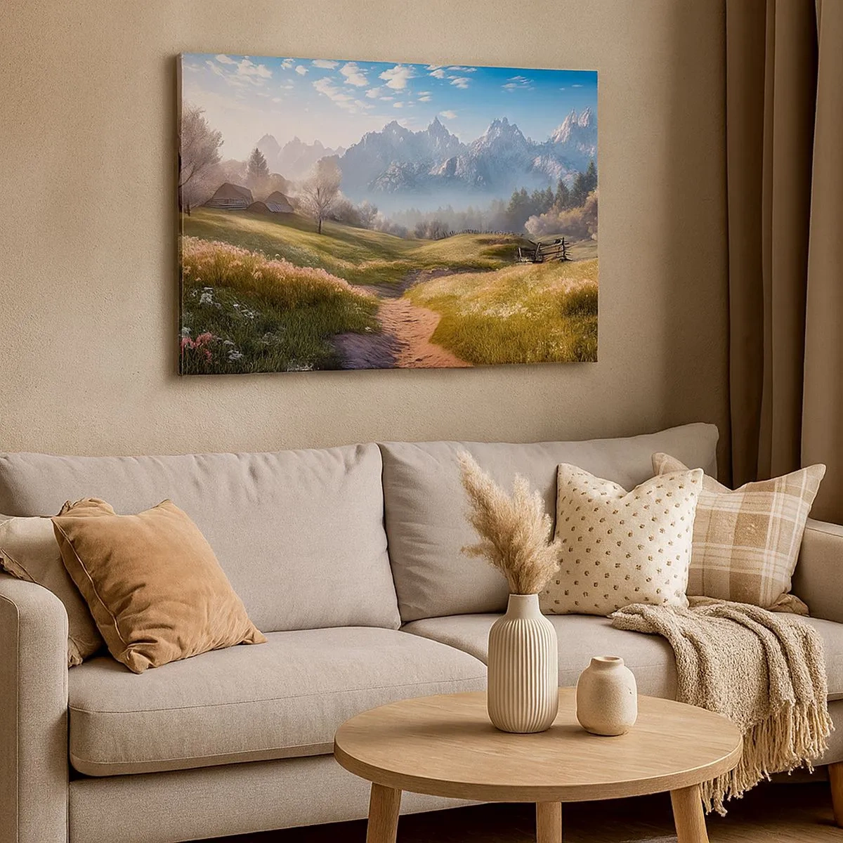 Quadro em tela - Um vale montanhoso com prados, cabanas e vista para os picos - 70x50cm - Vale idílico - Decoração de parede moderna para a sala de estar e quarto ARTTOR